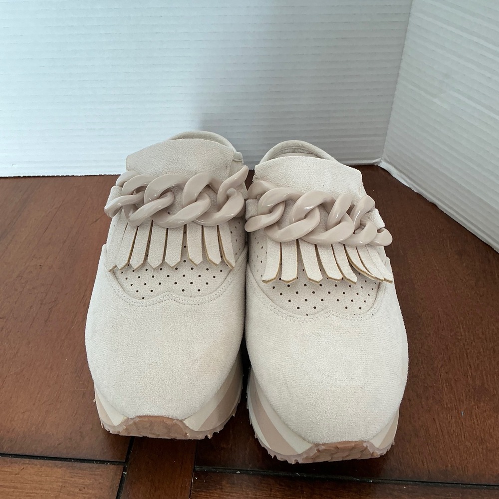 Pierre Dumas Beige Platform Fringe Chain Mules - Picture 2 of 7
